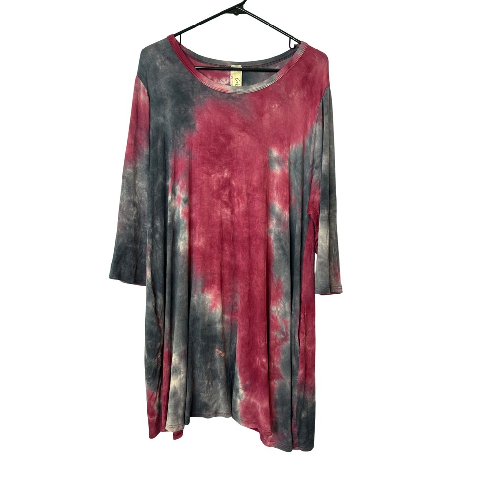 Crepas Tie Dye Tunic Top Burgundy Charcoal Grey 3/4 Sleeve Plus Size 1XL Boho